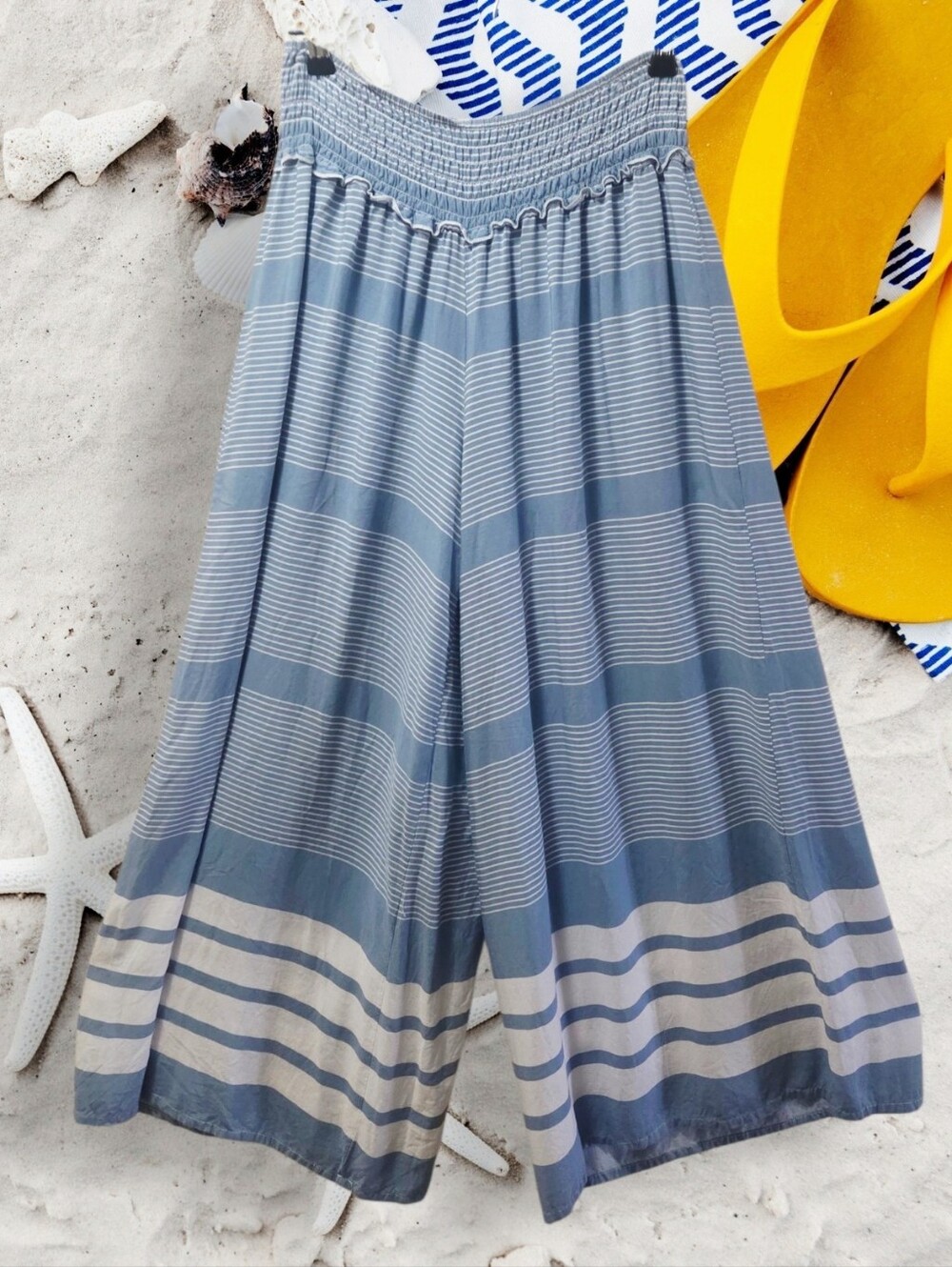 Striped Blue Wide Cropped Leg Flowy Beach Pants  L